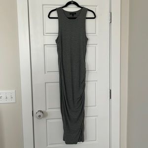 Dress, grey jersey material, long fitted, ruched side detail.